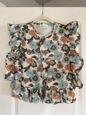 Anthropologie Floral Ruffle Short-Sleeve top quilted and lined